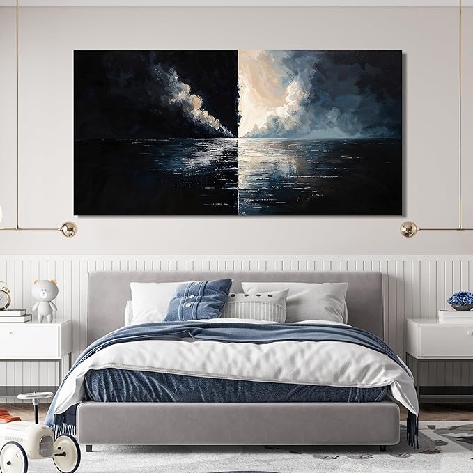 Abstract Large Wall Art Decor Wall Art Pictures for Living Room Abstract Canvas Art Wall Decor Modern Black and White Wall Art Prints Oversized Coastal Wall Art Bedroom Office Home Decor 29" X 58"