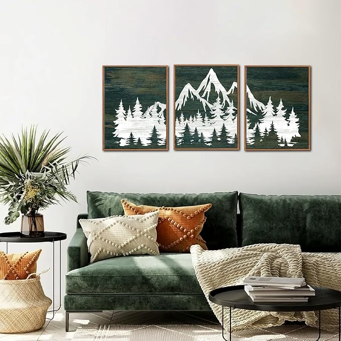 LHIUEM Framed Mountain Tree Canvas Wall Art Set of 3(12”X16”)Modern Greenery Forest Prints Abstract Country Mountain Rainier Wood Wall Picture Horizontal Long Wood Zen Artwork for Living Room Bedroom