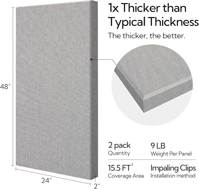 Olanglab Sound Absorbing Acoustic Wall Panels 2 Pack, 2'' 24''x48'' Fiberglass Sound Dampening Panels, Large Fabric Wrapped Sound Proof Panels for Walls (Light Gray)
