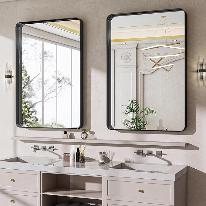 Bathroom Mirror Vanity for Over Sink Wall Mirror - 24x32 Inch Rounded Corner Rectangle Aluminum Frame Mirror,Hangs Horizontally or Vertically for Living Room Bedroom or Entryway Black