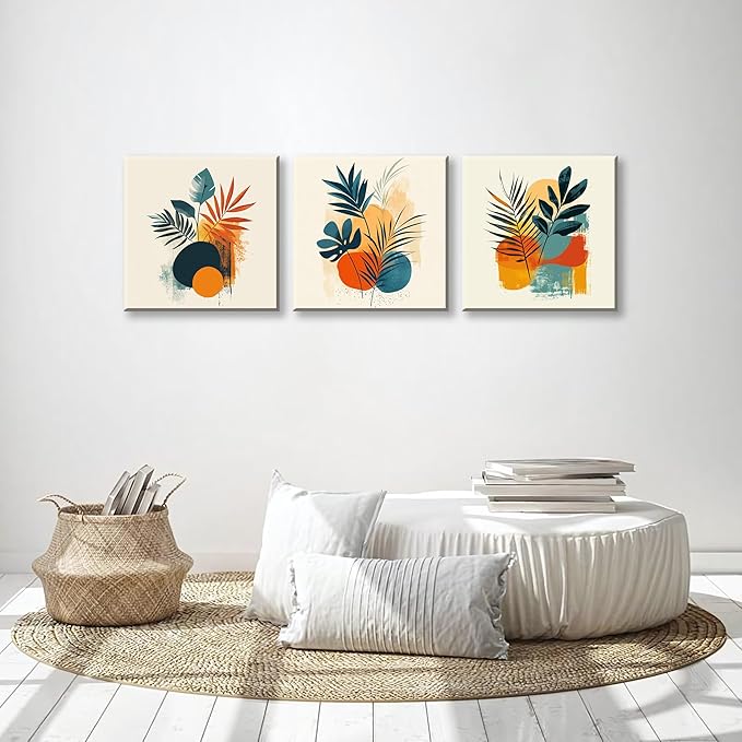 NAN Wind 3Pcs Modern Abstract Botanical Canvas Wall Art Colorful Leaf Prints Contemporary Floral Art for Living Room Minimalist Plant Decor Geometric Canvas Set Ready to Hang for Home Decor