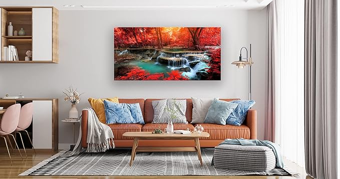 Muolunna BK03962 Wall Art Decor Canvas Print Picture Red Forest Waterfalls 1 Piece Modern Landscape Tree for Living Room Bedroom Kitchen Office Home Decorations Stretched and Framed Ready to Hang