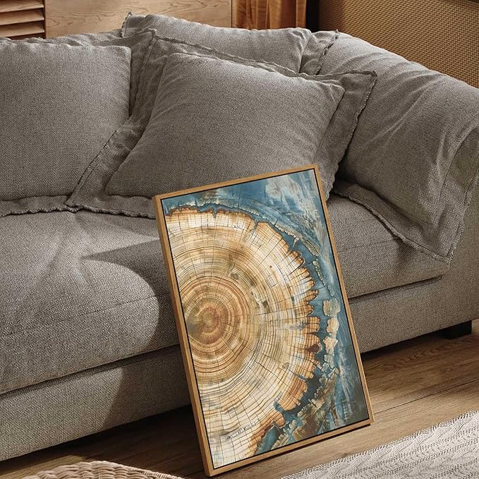 BingruiArt Framed Tree Ring Canvas Wall Art Abstract Wood Wall Decor Boho Modern Colorful Nature Painting Wood Stump Prints Pictures for Living Room Bedroom Bathroom Office 16"x24" Natural Framed(08)
