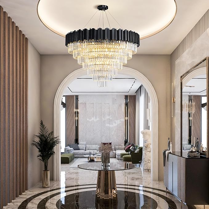7-Tier 39" Black Chandelier, 21-Light Modern Crystal Chandelier, Luxury Round K9 Crystal Chandeliers Pendant Light Fixture for Dining Room, Living Room, Bedroom, Foyer, Entryway, Kitchen, Restaurant