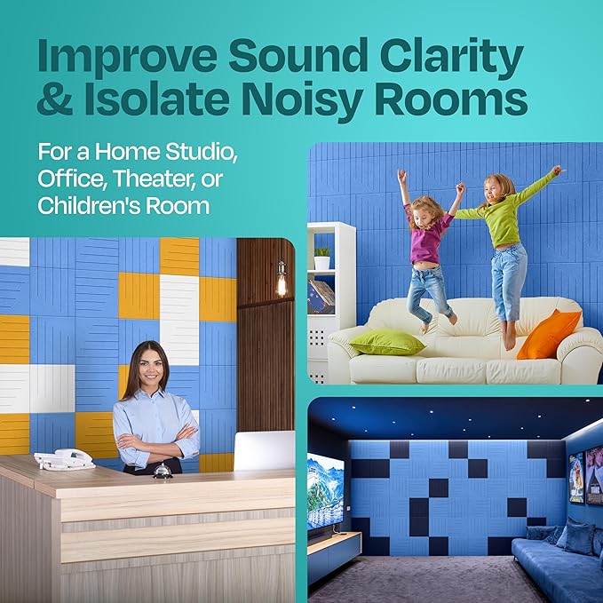 Acoustic Panels 12-Pack Soundproof Wall Panels 12"x12"x0.4" Decorative Sound Dampening for Your Home, Office, Studio, Bedroom & More with Unique LineWave Carving [Grand Blue]