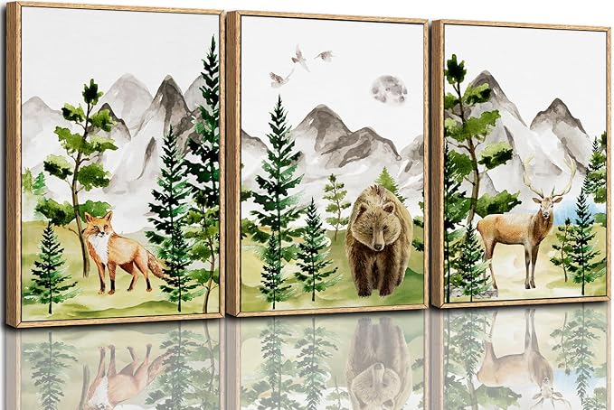 CHDITB Watercolor Forest Animal Nursery Wall Art, Framed Canvas Mountain Wall Decor, Nature Woodland Landscape Wall Painting, Fox Bear Deer Art Prints for Baby Bedroom, Living Room - 16"x24"x3