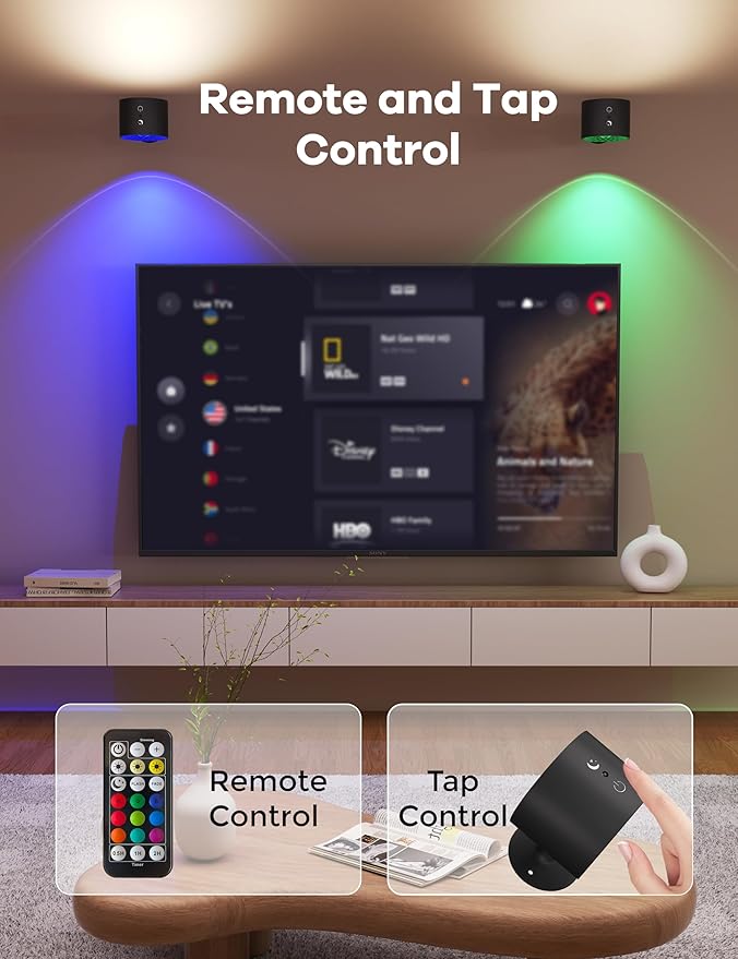 Joyzy Wall Light Battery Operated Rechargeable RGB LED Wall Lighting Colorful Picture Light Two-Headed Lights for Bedroom, Remote Touch Control Wall Mounted Lamps with Magnetic Wall Sconce