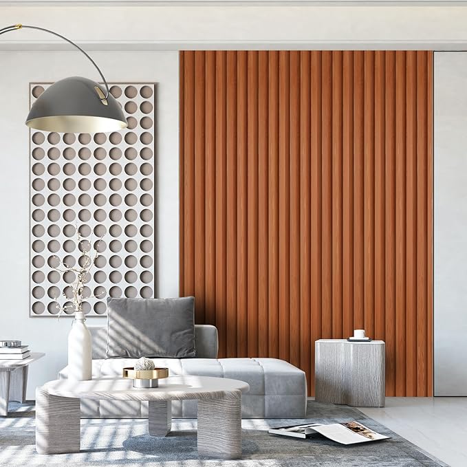 OUZUGIE WPC Acoustic Slat Wall Paneling, 8-Pack 114 x 6 Inches 3D Wall Panels for Interior Wall Decor,Living Room,TV Background,Study Room,Office Spaces,Bedroom,Low Grille (Teak)