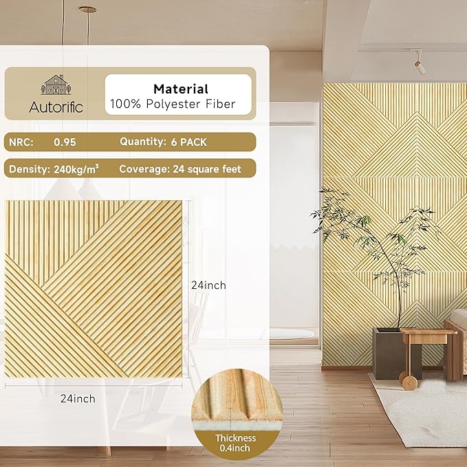 Acoustic Panels for Wall and Ceiling - 6 Pack 2'x2'x0.4",Self-Adhesive 3D UV Printing Decorative Wall Panels with Wood Look,Natural Oak