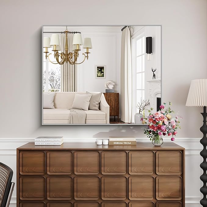 KOCUUY Silver Framed Mirror, 48"x40" Large Rectangle Bathroom Mirror for Wall, HD Tempered Glass, Anti-Rust Brushed Silver Frame, Modern Design for Bathroom, Bedroom, Living Room, Entryway