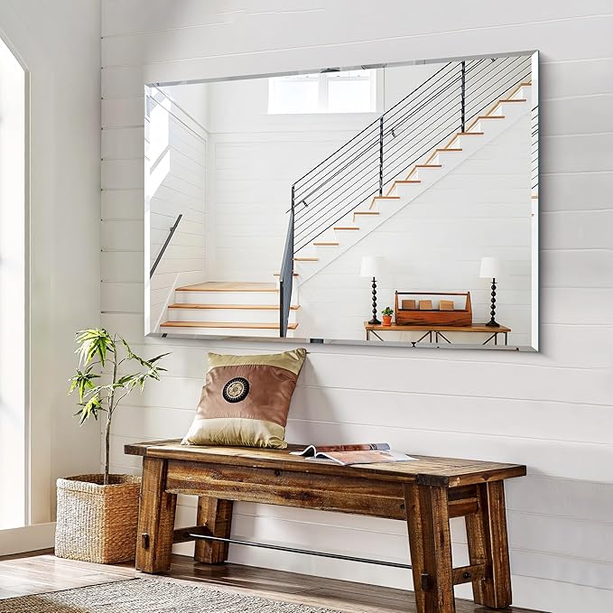 KOCUUY Beveled Mirror, 55x36 Inch Large Frameless Bathroom Mirror for Over Sink, Upgraded Shatterproof Beveled Unframed Design Mirror for Bathroom, Bedroom, Hang Horizontal/Vertical
