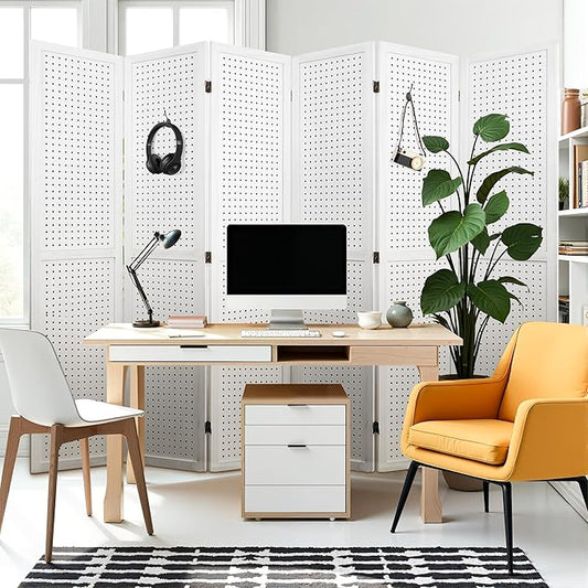 2 PCS Room Dividers 6 Panel Pegboard Display 5.6FT Wood PegBoard Room Divider, Folding Privacy Screens Portable Freestanding Partition Wall Divider for Art Shows & Room Separation, White