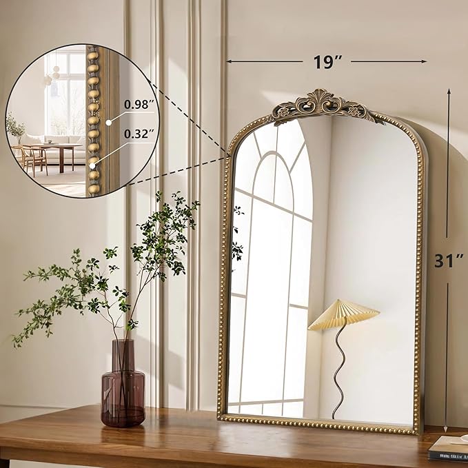 Micasso Vintage Wall Gold Mirror: 31"x 19" French Baroque Antique Mirror - Traditional Ornate Decorative Arched Mirrors for Wall/Bathroom/Entryway/Fireplace/Hallway - Home Decor for Living Room