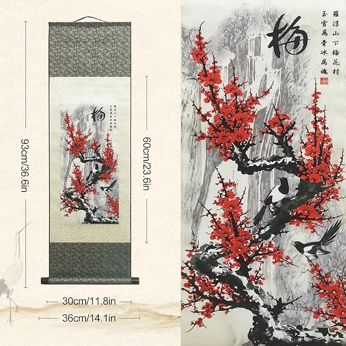 AtfArt Asian Wall Decor Beautiful Silk Scroll Painting 4 Righteous Men Flowers - Plum Orchid Bamboo Chrysanthemum Oriental Decor Chinese Art Wall Scroll Hanging Painting Scroll (4 Piece)…