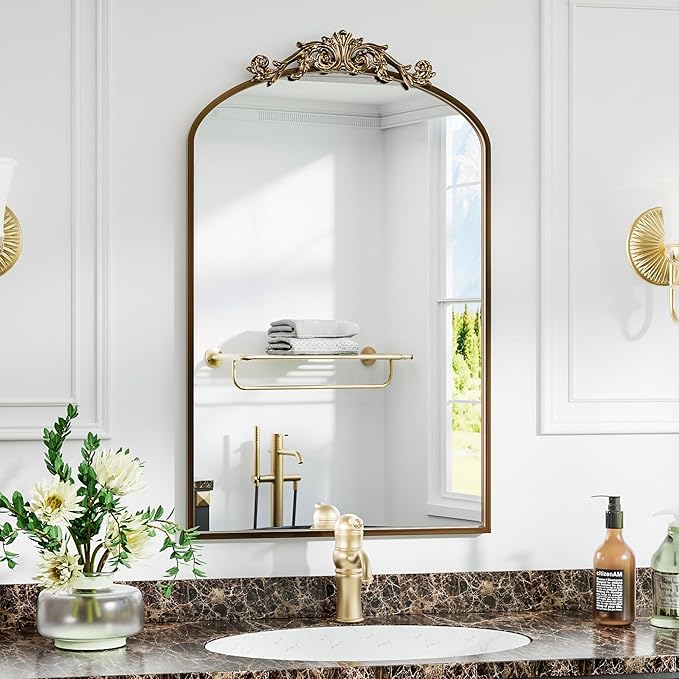 Antique Arched Wall Mirror, 24"x36" Vintage Gold Bathroom Mirror - Baroque Metal Frame Brass Mirror for Living Room, Bathroom, Fireplace, Entryway, Bronze