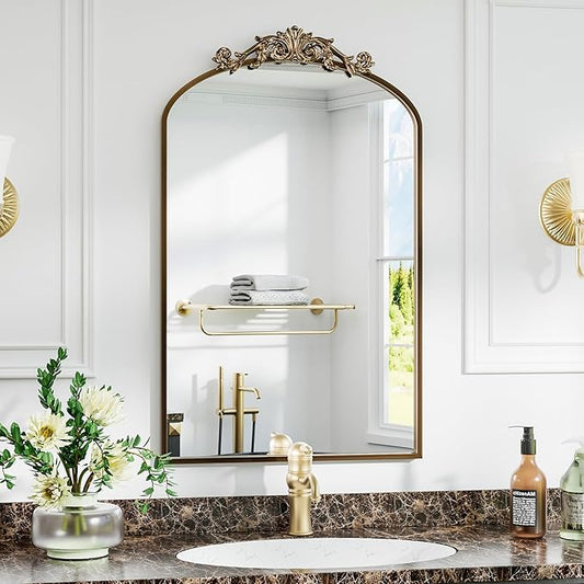 Antique Arched Wall Mirror, 24"x36" Vintage Gold Bathroom Mirror - Baroque Metal Frame Brass Mirror for Living Room, Bathroom, Fireplace, Entryway, Bronze