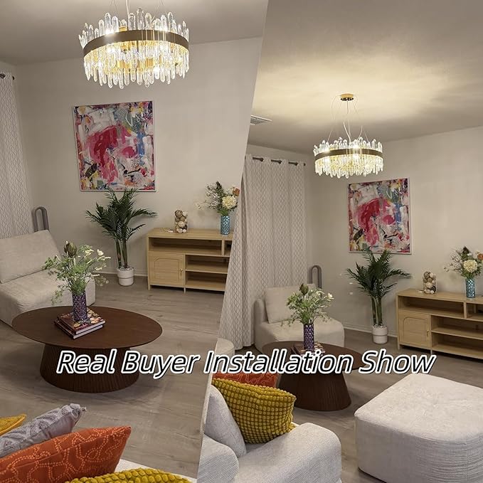 Modern Crystal Chandelier, 24in K9 Crystal Chandeliers for Dining Room, 12 Lights 2 Tier Dimmable Round Gold Chandelier, Adjustable Modern Chandeliers for Living Room, Bedroom, Bathroom, Kitchen Foyer