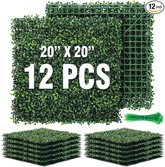 KASZOO 12Pack 20"x20" Artificial Boxwood Grass Backdrop Panels Topiary Hedge Plant, UV Protected Privacy Hedge Screen Faux Boxwood for Outdoor,Indoor,Garden,Fence,Backyard,Greenery Walls