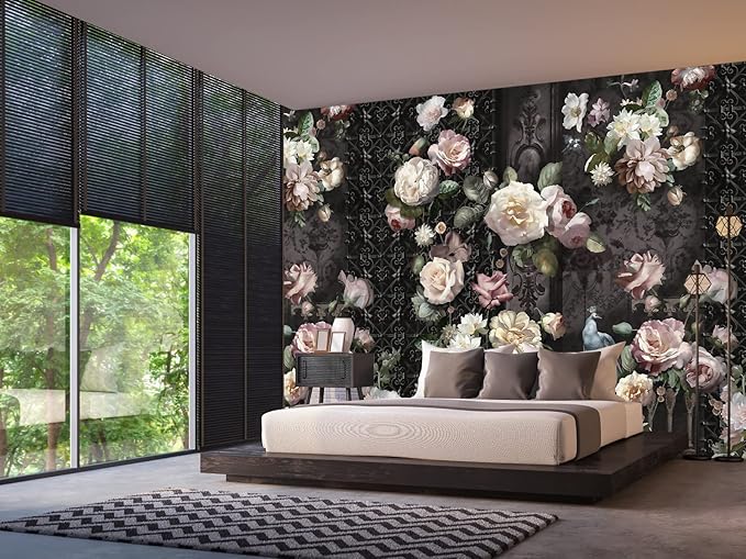 Cliouar-Black Fence Bird Peacock Pink Yellow White Rose 3D Mural Wallpaper Bedroom Living Room Decor 158" x 110"(Not Self-Adhesive)