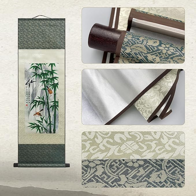 AtfArt Asian Wall Decor Beautiful Silk Scroll Painting 4 Righteous Men Flowers - Plum Orchid Bamboo Chrysanthemum Oriental Decor Chinese Art Wall Scroll Hanging Painting Scroll (4 Piece)…