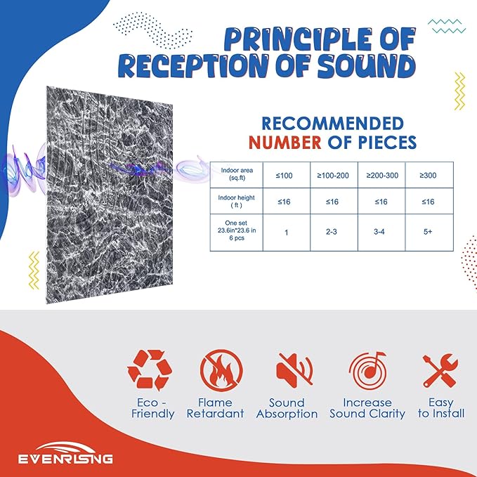 Acoustic Wall Panels 6 Pack, 24"x24"Decorative Art Soundproof Panels, Sound Absorbing Self-Adhesive Panel, Acoustic Treatment for Studio, Home Theater, Office (Storm AuraGrain)