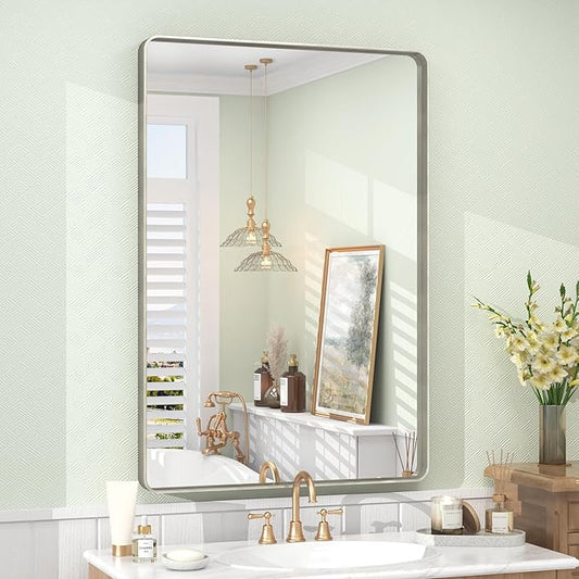 24x36 Inch Brushed Nickel Bathroom Mirror, Brushed Silver Metal Framed Wall Mirror, Rounded Corner Rectangle Vanity Mirror, Tempered Glass, Anti-Rust, Shatterproof (Horizontal/Vertical)