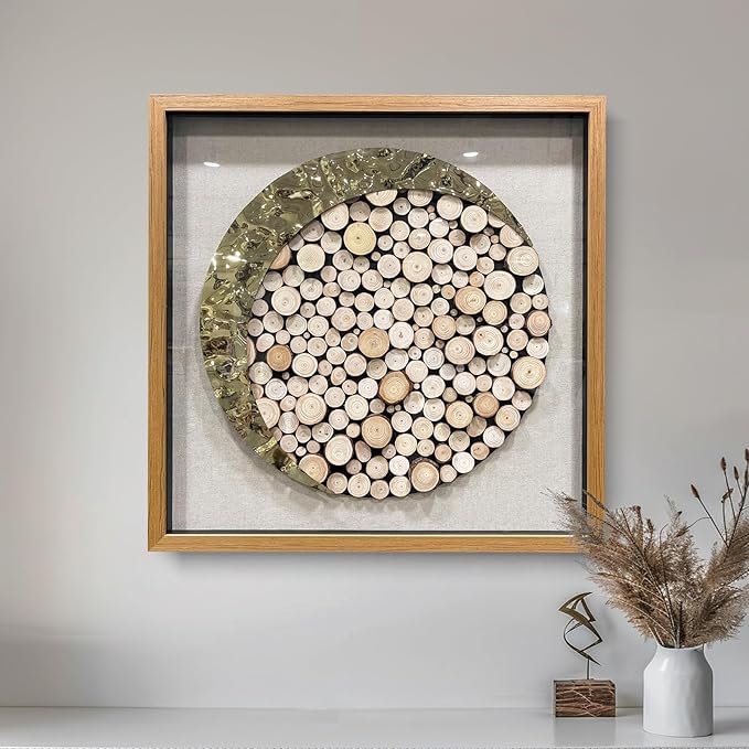 BrightA 3D Square Framed Nature Art - Gold Patina Metal Meets Circular Solid Wood Block Texture, Minimalist Contrast Wall Decor for Calming Spaces 31.5"x31.5"