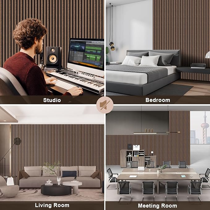 AKK-PANE 4 PCS Self-Adhesive Acoustic Wood Slat Wall Panels, 47.2" x 23.6" - 31.0ft² for Interior Wall Decor, Wall Panels Peel and Stick, Wall Wood Panels for Office Studio Bedroom Living Room(Walnut)