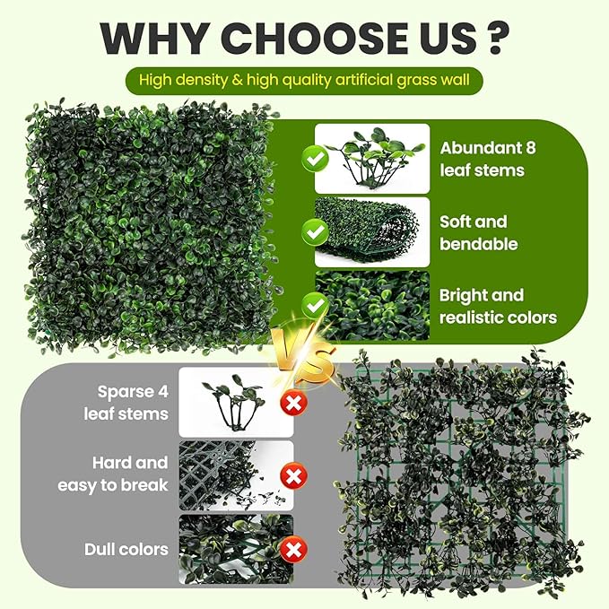 KASZOO Grass Wall 12 Pack 10"x10" Artificial Boxwood Hedge Wall Panels, Privacy Hedge Screen Faux Boxwood for Outdoor,Indoor,Garden,Fence,Backyard,Greenery Walls