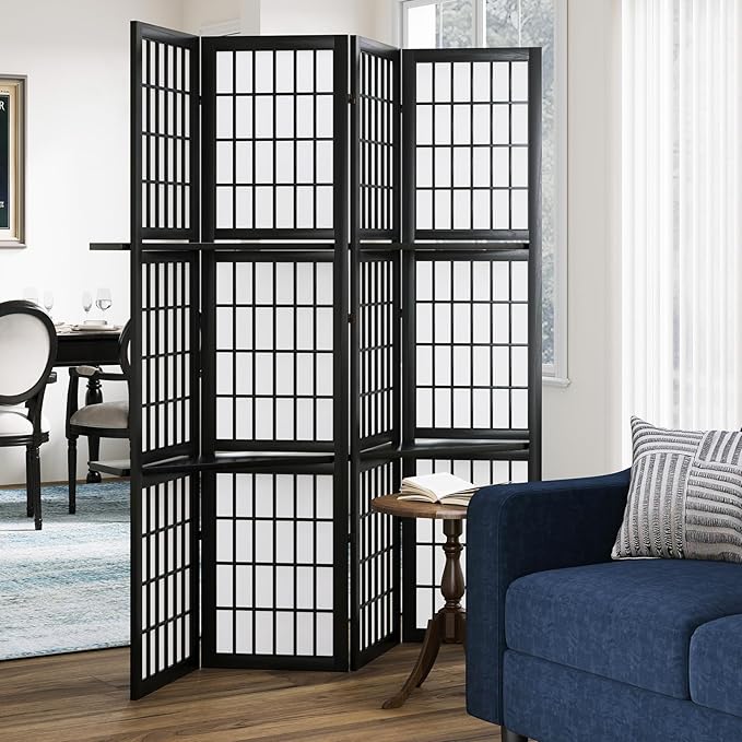 5.6FT Room Divider and Folding Portable Partition Screen, Chinese Japanese Shoji Style with Three Display Shelves for Room Separation - 4 Panel (Black)