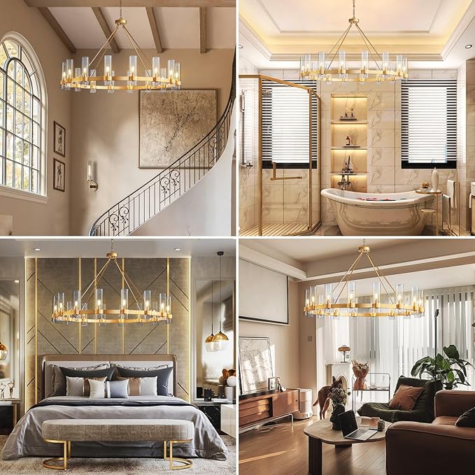 48" Gold Wagon Wheel Chandelier, 16-Light Farmhouse Round Pendant Light Fixture with Glass Shade, Large Hanging High Ceilings Chandeliers for Dining Room Kitchen Foyer Entryway Living Room