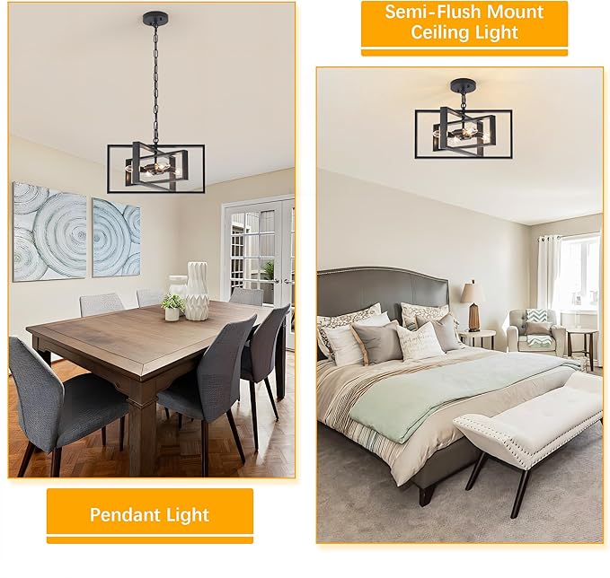 16.5'' Farmhouse Chandelier 4-Light, Black Modern Light Fixture Cross Chandeliers for Dining Room Kitchen Island Bedroom, Rectangular Metal Pendant Light Fixture for Living Room