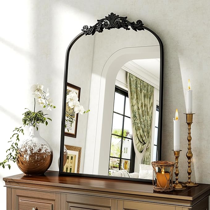 BEAUTYPEAK 20x30 Arched Mirror, Black Traditional Vintage Ornate Baroque Wall Mirror for Bathroom, Bedroom, Hallway, or Fireplace Decor