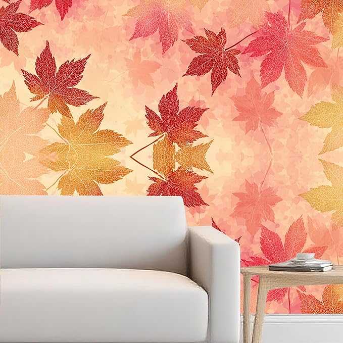 Nuxovilar Autumn Maple Leaf Beige Background Textured Peel and Stick Wallpaper, 15.75"x39.37", Self-Adhesive Contact Paper, Red Orange Foliage Pattern for Bedroom, Living Room and Table Decor