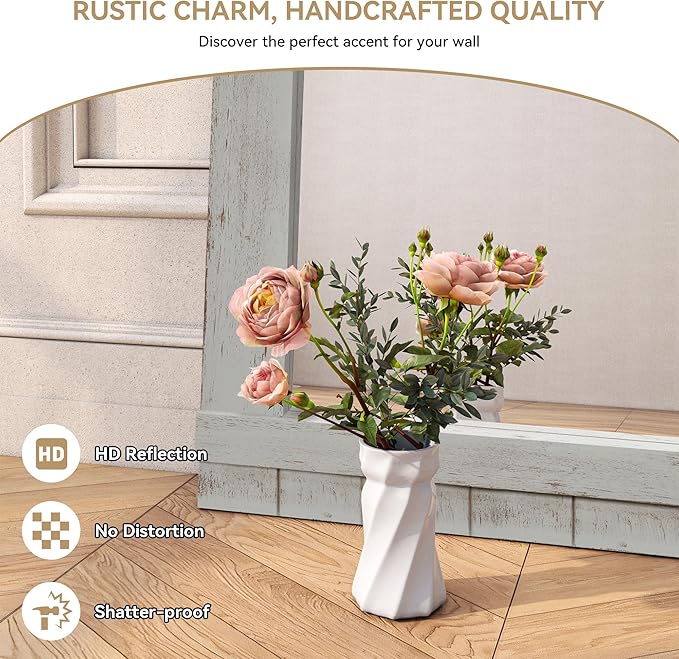 Oakrain Farmhouse Mirror, 24x32 Inch Distressed Gray Wood Frame with Black Metal Hinges, Rustic Wall Mirror for Bathroom, Living Room, Entryway, Bedroom