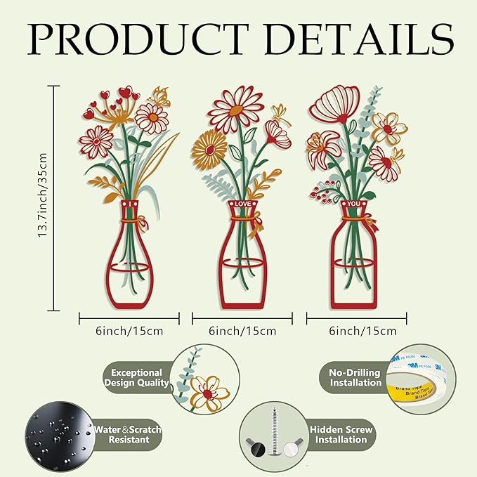 3 Pieces Metal Flowers Wall Art Decor, House Minimalist Bathroom Wall Decors Sculptures for Living Room Dining Room Bedroom Housewarming Gifts