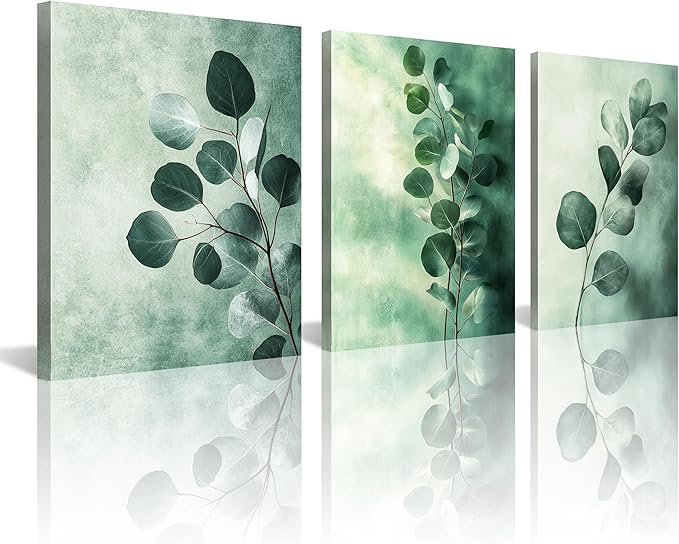 NAN Wind 3PCS Botanical Eucalyptus Canvas Wall Art Minimalist Sage Green Watercolor Leaves Modern Framed Canvas Wall Decor Nature Painting for Living Room Bedroom Office Decor