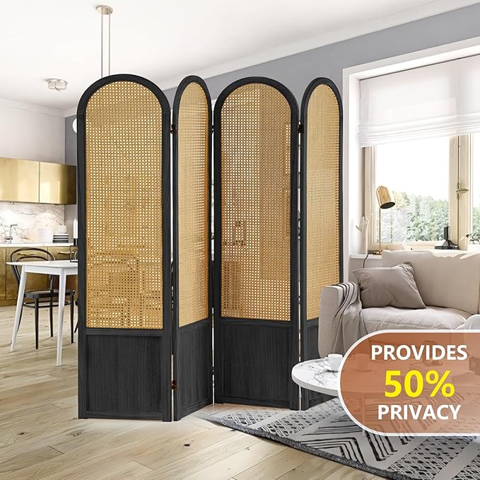 4 Panel Room Divider and Folding Privacy Screen 5.6 Ft Foldable Double Hinged Room Partition, Hand-Woven Rattan Room Divider Portable Wood Wall Divider for Room Separation, Home, Black