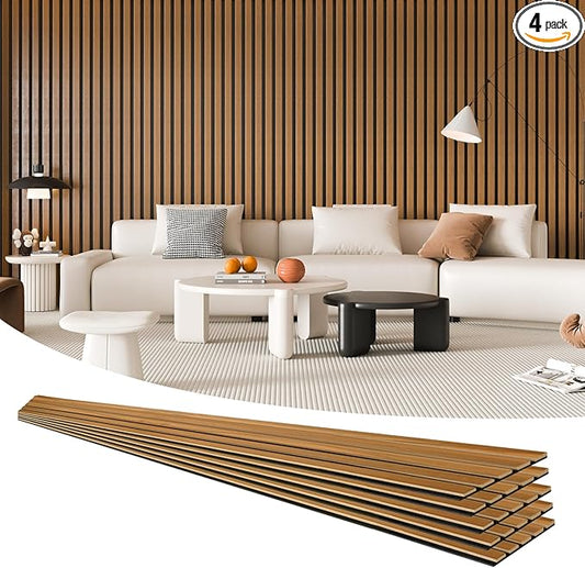 Art3d 4 Pieces 94.5" x 7.9" Acoustic Slat Wood Wall and Ceiling Panels,Fluted Modern Sound Absorbing Panels, Teak