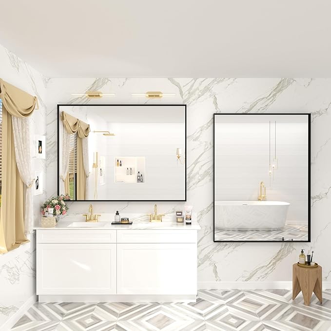 44x36 Inch Black Metal Framed Wall Mirror for Wall, Matte Black Rectangle Mirror, Bathroom Vanity Mirror with Square Corner, Shatterproof, Anti-Rust (Horizontal/Vertical)