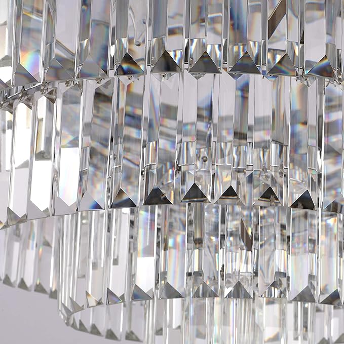Modern Crystal Chandelier 20" Chrome Round Pendant Light, 4-Tier Luxury Ceiling Light Fixture with Clear Prisms for Dining Room Living Room Foyer
