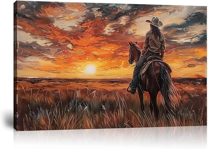 American Western Cowboy Wall Art Sunset Wall Decor Southwestern Farms Pictures for Bedroom Living Room Office Home Decortion Prints Vintage Artwork Framed(28L" x 44W")