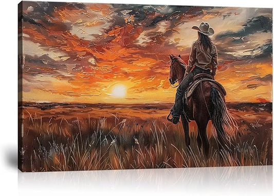 American Western Cowboy Wall Art Sunset Wall Decor Southwestern Farms Pictures for Bedroom Living Room Office Home Decortion Prints Vintage Artwork Framed(28L" x 44W")