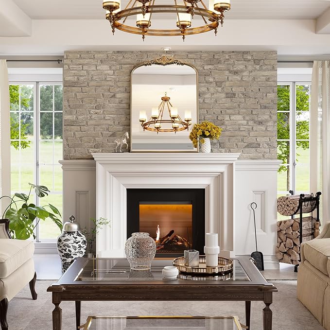 Arched Antique Wall Mirror, 30"x40" Vintage Gold Bathroom Vanity Mirror, Ornate Arch Bronze Mirror for Over Sink/Fireplace/Entryway