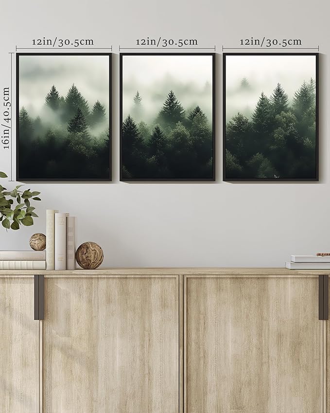 KUVIOKE Green Fog Pine Tree Framed Wall Art Nature Nordic Forests Artwork Morden Painting Home Decor 12x16in (Black Framed)