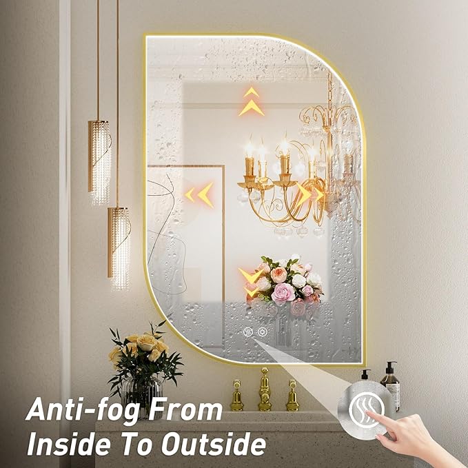 24X36 Inch LED Mirror for Bathroom with Lights,Gold Frame Lighted Irregular Asymmetrical Unique Vanity Wall Mirror,Anti-Fog,Dimmable