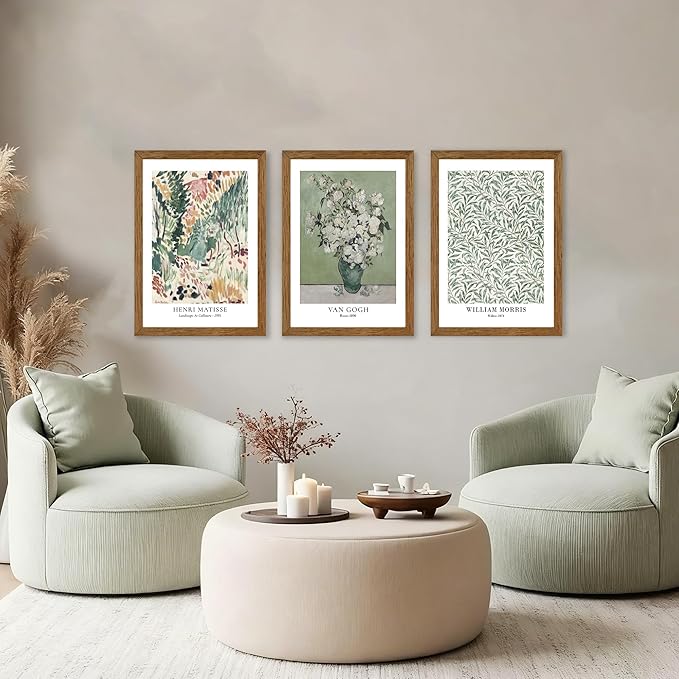 JLTULT 3 Piece Vintage Sage Green Canvas Wall Art, Monet Van Gogh Matisse Wall Decor, Botanical Painting Artwork Prints for Living Room Bedroom Home Office 16X24 inch Wood Framed Easy to Hang