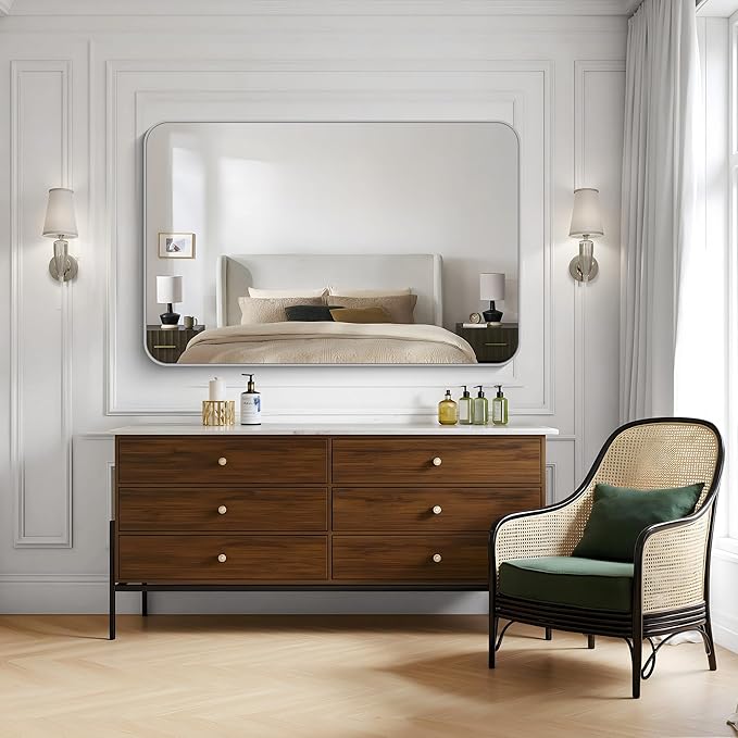 KOCUUY Silver Bathroom Mirror, 55x36 Inch Large Bathroom Mirror for Over Sink, HD Tempered Glass, Anti-Rust Brushed Silver Frame, Rounded Corner Modern Design for Bathroom, Hang Horizontal/Vertical