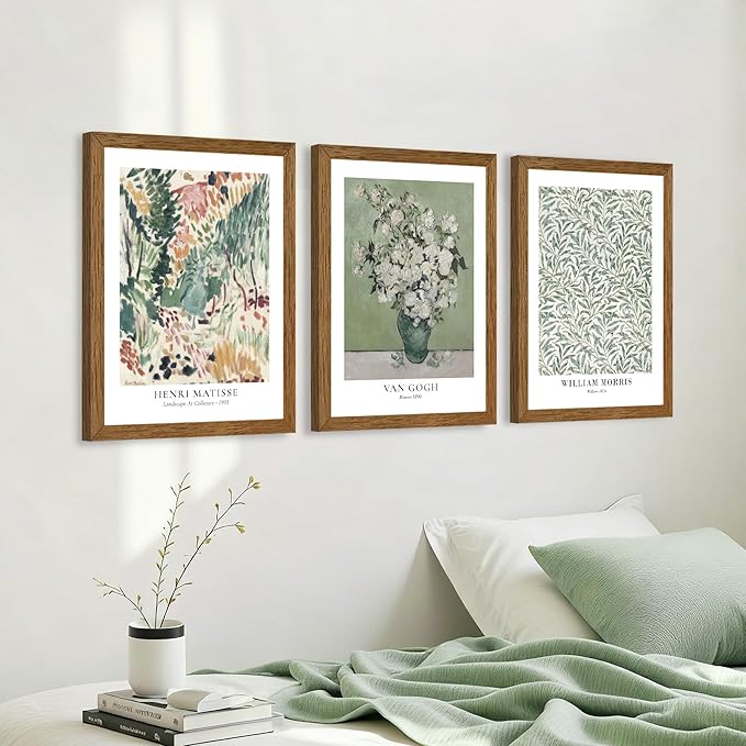 JLTULT 3 Piece Vintage Sage Green Canvas Wall Art, Monet Van Gogh Matisse Wall Decor, Botanical Painting Artwork Prints for Living Room Bedroom Home Office 16X24 inch Wood Framed Easy to Hang