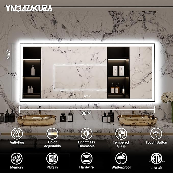 88x38 Large Light Bathroom Mirror - Backlit and Front Lighted LED Wall-Mounted Vanity Mirror Modern Rectangle Black Mirror, Dimmable, Anti-Fog, Memory, Shatterproof, ETL Listed (Horizontal/Vertical)